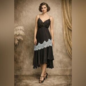 Flora Nikrooz Vintage Black Satin Lace Slip Dress Size L Made in USA Y2K